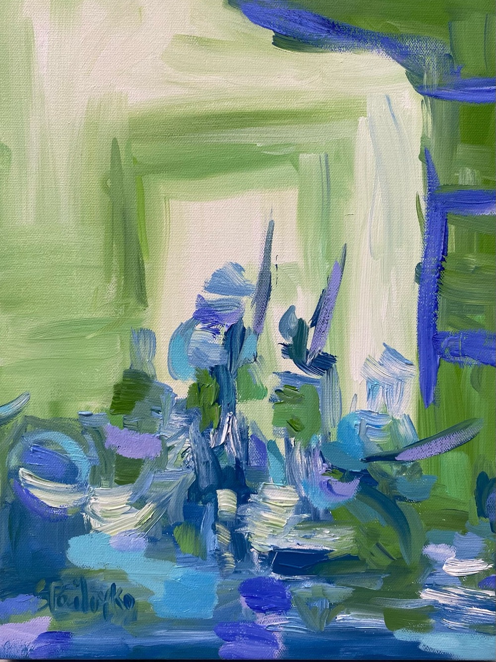 Abstract Oil on Canvas Art in Blue and Green